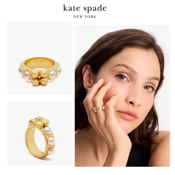 NWT Kate Spade ♠️ NOEL 12-K Matte Gold Plated Brass Glass Pearls Chunky Ring - Picture 1 of 11